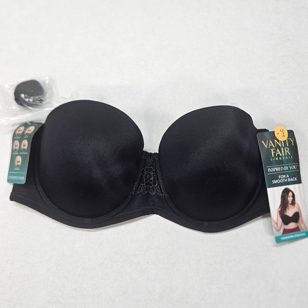 Vanity Fair Black Strapless Underwire Bra 36C Convertible 5 Ways Smooth Back‎